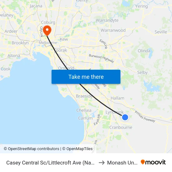 Casey Central Sc/Littlecroft Ave to Monash University map