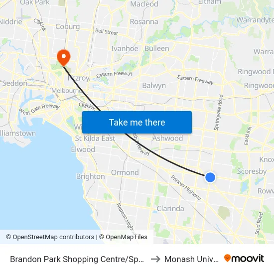 Brandon Park Shopping Centre/Springvale Rd to Monash University map