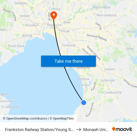 Frankston Railway Station/Young St to Monash University map