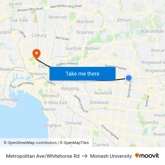 Metropolitan Ave/Whitehorse Rd to Monash University map