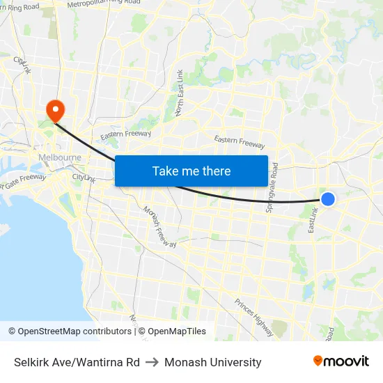 Selkirk Ave/Wantirna Rd to Monash University map