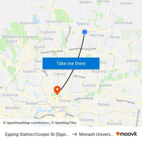 Epping Station/Cooper St to Monash University map