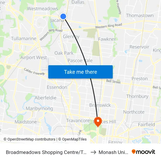 Broadmeadows Shopping Centre/Tanderrum Way to Monash University map