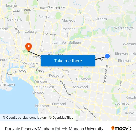 Donvale Reserve/Mitcham Rd to Monash University map