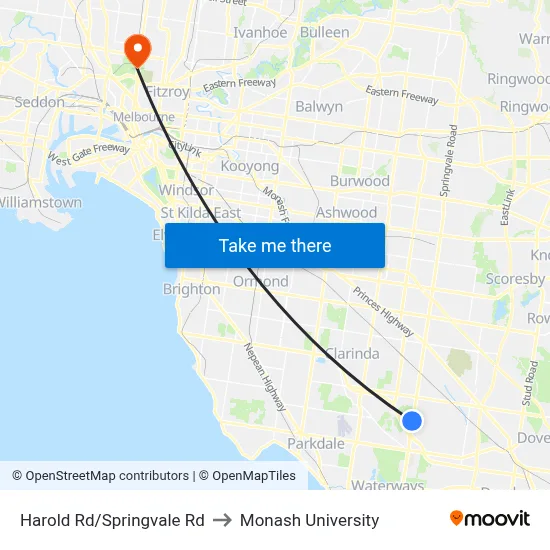 Harold Rd/Springvale Rd to Monash University map