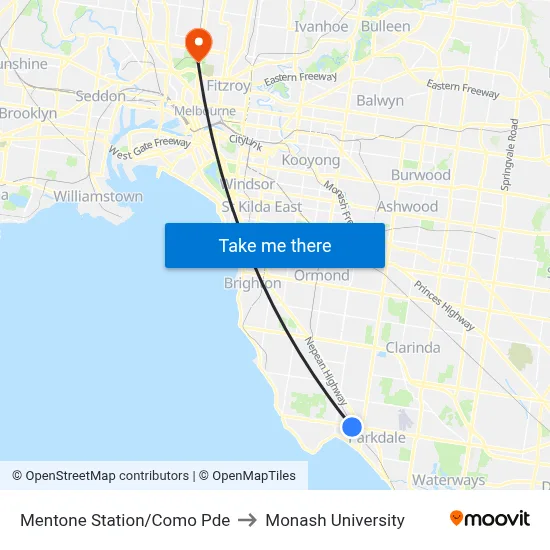 Mentone Station/Como Pde to Monash University map