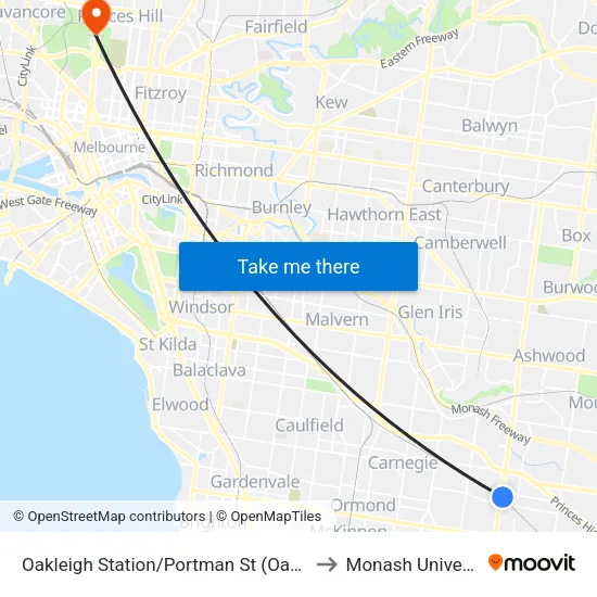 Oakleigh Station/Portman St to Monash University map
