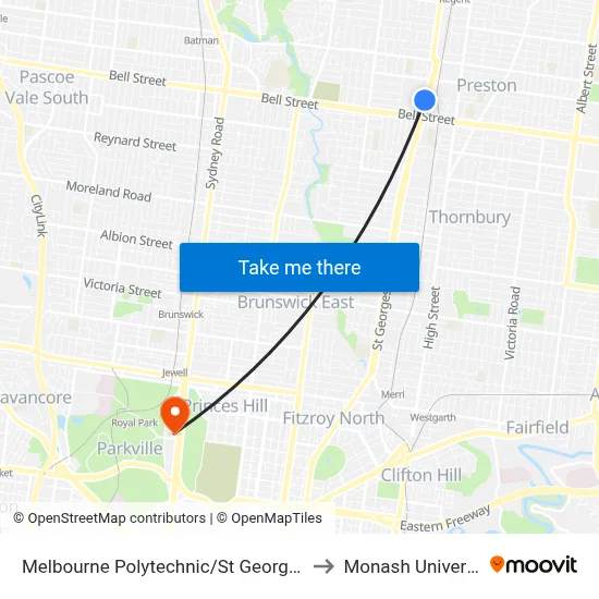 Melbourne Polytechnic/St Georges Rd to Monash University map