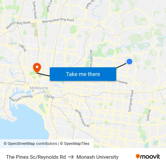 The Pines Sc/Reynolds Rd to Monash University map