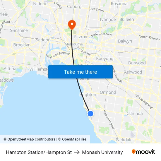 Hampton Station/Hampton St to Monash University map