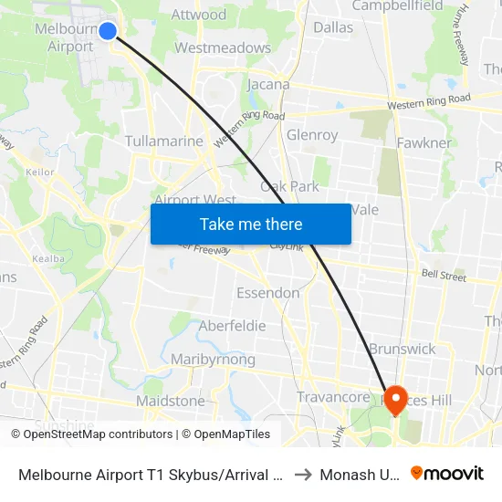 Melbourne Airport T1 Skybus/Arrival Dr to Monash University map