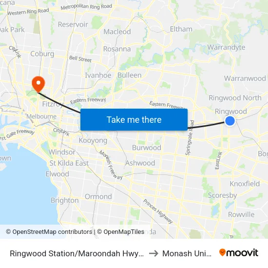 Ringwood Station/Maroondah Hwy to Monash University map