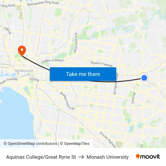 Aquinas College/Great Ryrie St to Monash University map