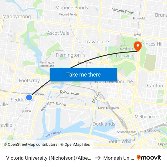Victoria University/Albert St to Monash University map
