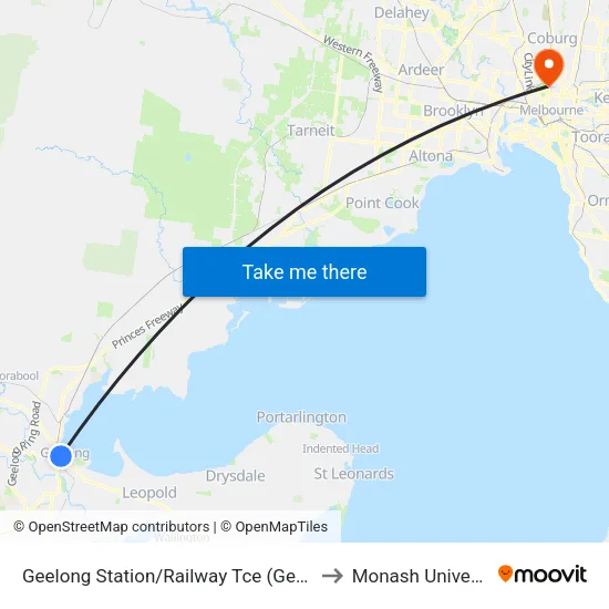 Geelong Station/Railway Tce to Monash University map