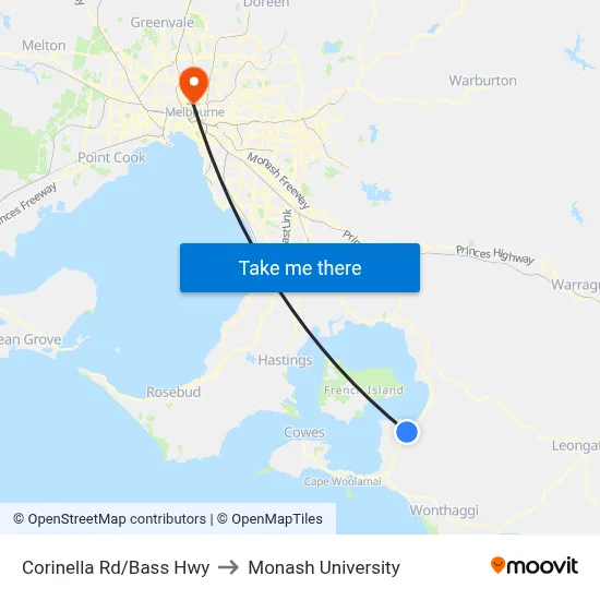 Corinella Rd/Bass Hwy to Monash University map