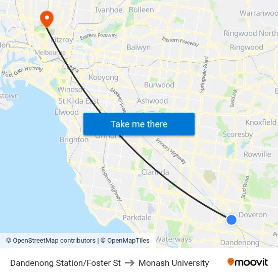 Dandenong Station/Foster St to Monash University map
