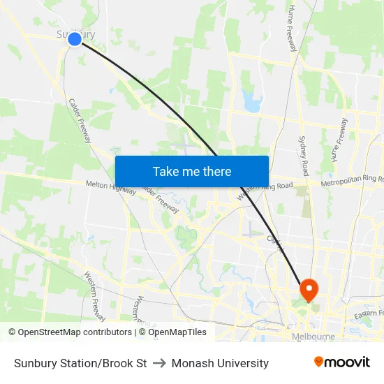 Sunbury Station/Brook St to Monash University map
