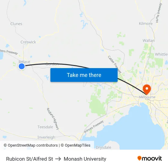 Rubicon St/Alfred St to Monash University map
