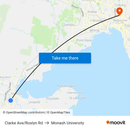 Clarke Ave/Roslyn Rd to Monash University map