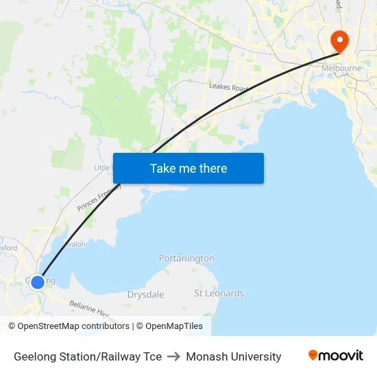 Geelong Station/Railway Tce to Monash University map
