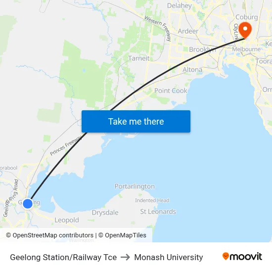 Geelong Station/Railway Tce to Monash University map