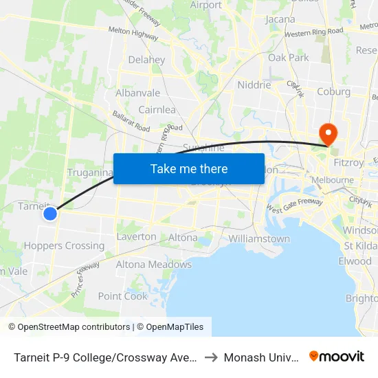 Tarneit P-9 College/Crossway Ave to Monash University map