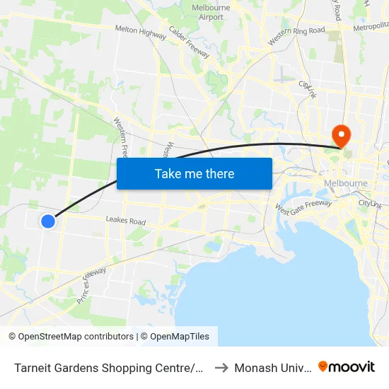 Tarneit Gardens Shopping Centre/Wickford Rd to Monash University map