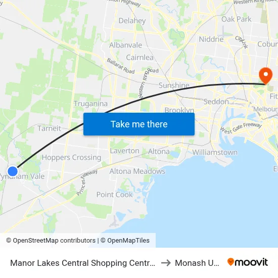 Manor Lakes Central Shopping Centre/Manor Lakes Bvd to Monash University map