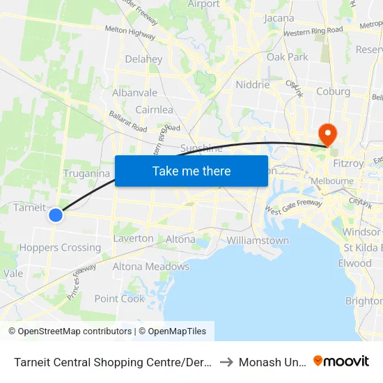 Tarneit Central Shopping Centre/Derrimut Rd to Monash University map