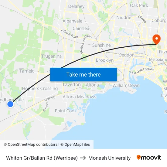 Whiton Gr/Ballan Rd to Monash University map