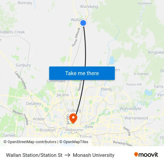 Wallan Station/Station St to Monash University map