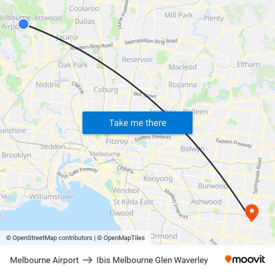 Melbourne Airport to Ibis Melbourne Glen Waverley map