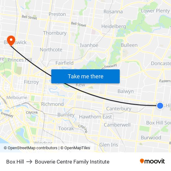 Box Hill to Bouverie Centre Family Institute map