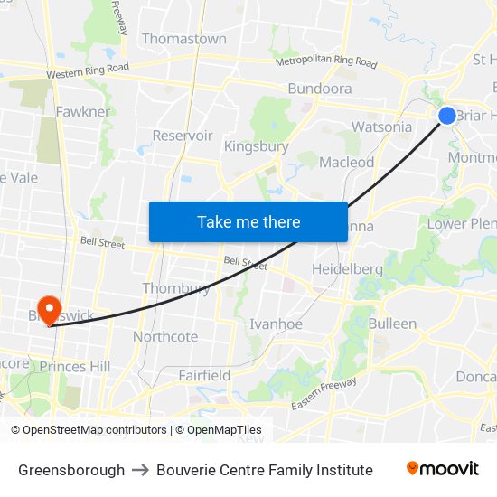 Greensborough to Bouverie Centre Family Institute map