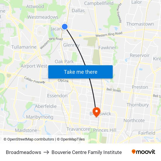 Broadmeadows to Bouverie Centre Family Institute map