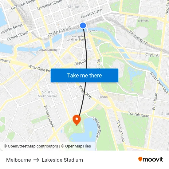 Melbourne to Lakeside Stadium map