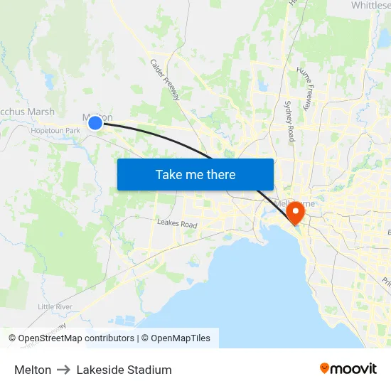 Melton to Lakeside Stadium map
