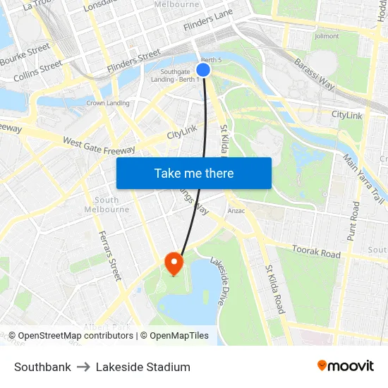 Southbank to Lakeside Stadium map