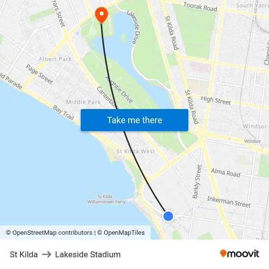 St Kilda to Lakeside Stadium map