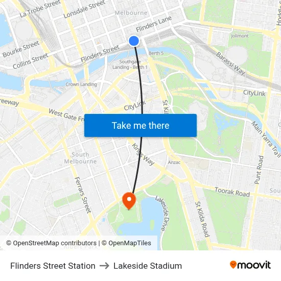 Flinders Street Station to Lakeside Stadium map