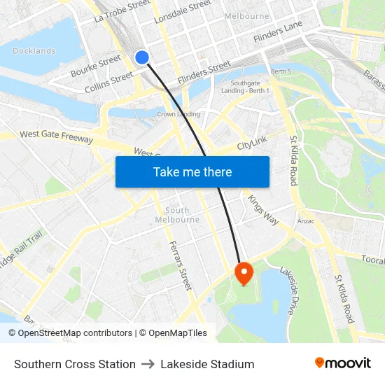 Southern Cross Station to Lakeside Stadium map