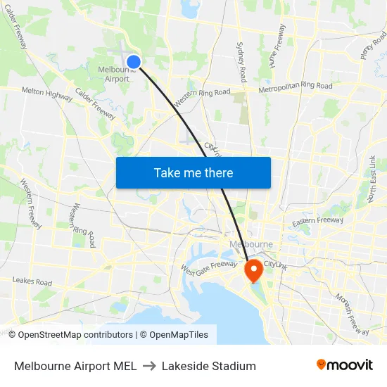 Melbourne Airport MEL to Lakeside Stadium map