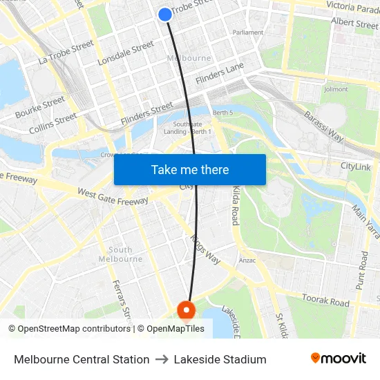 Melbourne Central Station to Lakeside Stadium map