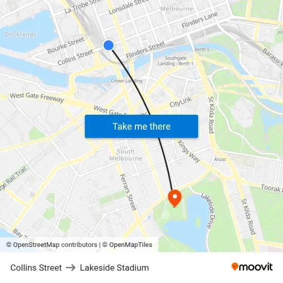 Collins Street to Lakeside Stadium map