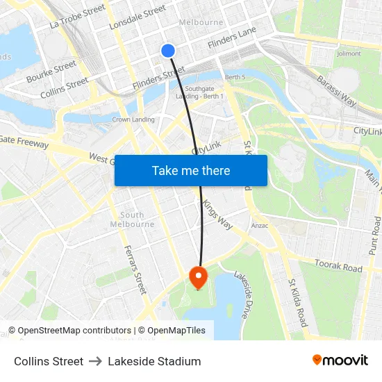 Collins Street to Lakeside Stadium map