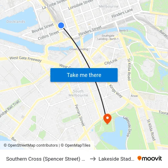 Southern Cross (Spencer Street) Station to Lakeside Stadium map