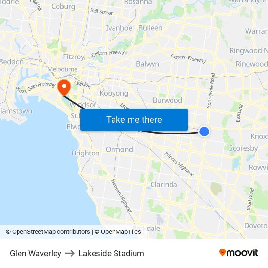 Glen Waverley to Lakeside Stadium map