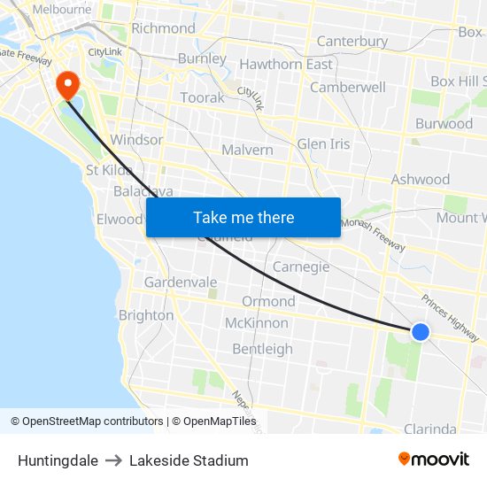 Huntingdale to Lakeside Stadium map