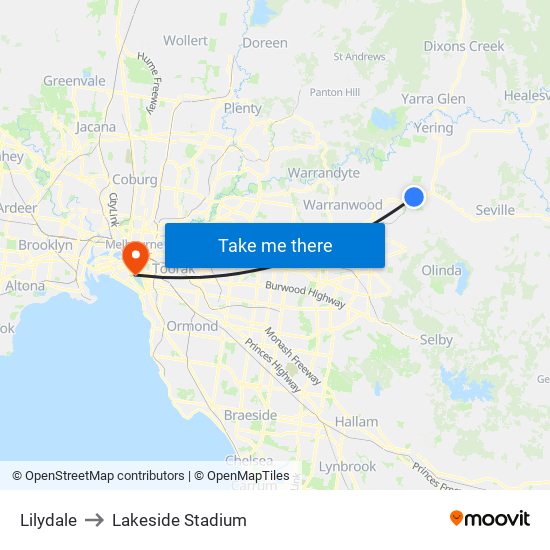 Lilydale to Lakeside Stadium map